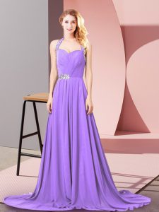 Sleeveless Beading and Ruching Zipper Prom Dresses with Lavender Brush Train