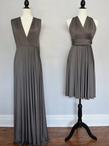 Grey Empire V-neck Sleeveless Chiffon Floor Length Lace Up Ruching Dama Dress