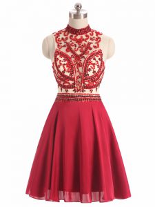 Stunning Red A-line Halter Top Sleeveless Chiffon Mini Length Backless Beading Prom Dresses