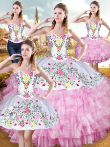 Rose Pink Sleeveless Organza and Taffeta Lace Up Vestidos de Quinceanera for Military Ball and Sweet 16 and Quinceanera