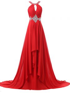 Amazing Red Empire Chiffon Halter Top Sleeveless Beading and Ruching Lace Up Formal Evening Gowns Brush Train