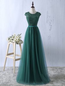Fancy Dark Green Scoop Zipper Lace Pageant Dress for Womens Short Sleeves