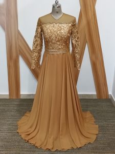 Dazzling Brush Train Empire Mother Dresses Brown High-neck Chiffon Long Sleeves Zipper