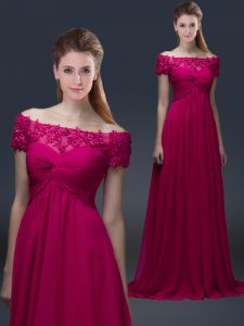 Off The Shoulder Short Sleeves Mother of Bride Dresses Floor Length Appliques Fuchsia Chiffon