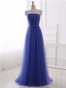 Blue Strapless Neckline Beading and Belt Dress for Prom Sleeveless Zipper