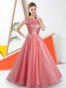 Artistic Watermelon Red Tulle Backless Dama Dress Sleeveless Floor Length Beading and Lace