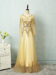 Charming Long Sleeves Tulle Floor Length Zipper Evening Gowns in Yellow with Beading and Appliques and Belt