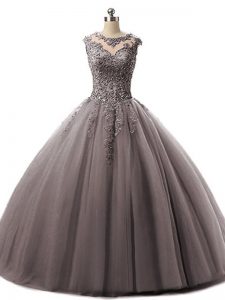 High End Brown Lace Up Scoop Beading and Lace Sweet 16 Dresses Tulle Sleeveless