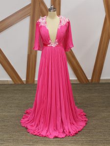 Chiffon Half Sleeves Celebrity Style Dress Sweep Train and Lace and Appliques and Pleated