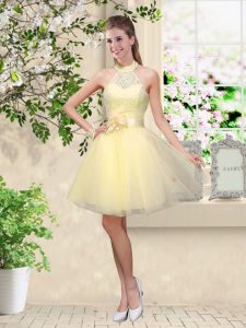 Smart Lace and Belt Wedding Party Dress Light Yellow Lace Up Sleeveless Knee Length