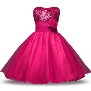 Knee Length Hot Pink Flower Girl Dresses for Less Organza and Sequined Sleeveless Belt and Hand Made Flower
