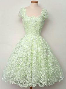 Trendy Yellow Green Cap Sleeves Knee Length Lace Lace Up Wedding Guest Dresses