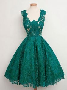 Dark Green Lace Up Straps Lace Bridesmaid Dresses Lace Sleeveless