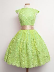 Discount Yellow Green Dama Dress for Quinceanera Prom and Party and Wedding Party with Belt High-neck Cap Sleeves Lace Up