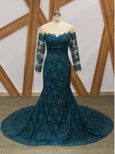 Flirting Teal Mother of Groom Dress Prom and Party with Lace Scoop Long Sleeves Zipper