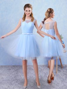 Adorable Blue A-line Tulle Scoop Sleeveless Ruching and Belt Knee Length Lace Up Quinceanera Court Dresses
