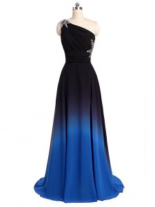 Sleeveless Beading and Ruching Lace Up Dress for Prom with Multi-color Brush Train