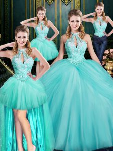 Floor Length Aqua Blue Ball Gown Prom Dress Halter Top Sleeveless Lace Up