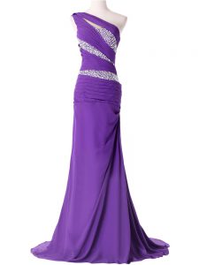 Purple Going Out Dresses For with Beading and Ruching One Shoulder Sleeveless Brush Train Lace Up