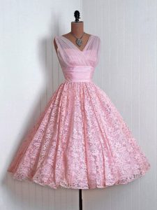 Lace V-neck Sleeveless Lace Up Lace Quinceanera Court Dresses in Baby Pink