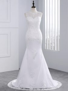 Inexpensive White Wedding Dress Tulle Brush Train Sleeveless Beading and Appliques