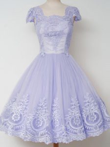 Pretty Lavender A-line Tulle Square Cap Sleeves Lace Knee Length Zipper Wedding Party Dress