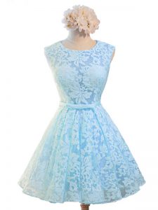 Suitable Light Blue Lace Lace Up Wedding Party Dress Sleeveless Knee Length Belt