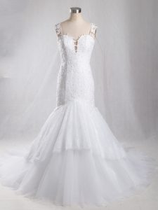 White Mermaid Straps Sleeveless Tulle Brush Train Clasp Handle Lace Wedding Dresses