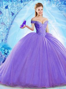 Off The Shoulder Sleeveless Brush Train Lace Up Quinceanera Dresses Lavender Organza