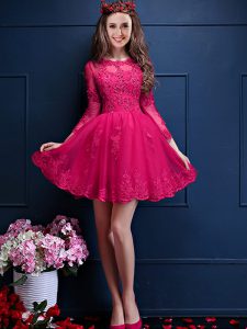Eye-catching Scalloped 3 4 Length Sleeve Lace Up Wedding Party Dress Hot Pink Chiffon
