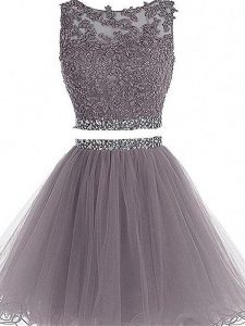 Comfortable Mini Length Zipper Cocktail Dresses Grey for Prom and Party and Sweet 16 with Beading and Lace and Appliques