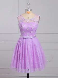 Mini Length Empire Sleeveless Lilac Bridesmaid Gown Lace Up