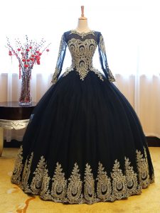 Fancy Floor Length Navy Blue Quince Ball Gowns Scoop Long Sleeves Lace Up