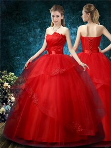Graceful Off The Shoulder Sleeveless Lace Up Wedding Gown Red Organza