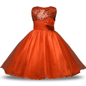 Inexpensive Orange Red Flower Girl Dresses Military Ball and Sweet 16 and Quinceanera with Bowknot and Belt and Hand Made Flower Scoop Sleeveless Zipper