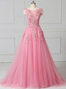 Pink Empire Scoop Sleeveless Tulle Brush Train Lace Up Appliques Custom Made Pageant Dress