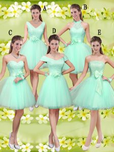 Romantic Knee Length Apple Green Court Dresses for Sweet 16 V-neck Sleeveless Lace Up