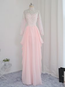 Baby Pink Empire High-neck Sleeveless Chiffon and Silk Like Satin Floor Length Zipper Beading Hoco Dress