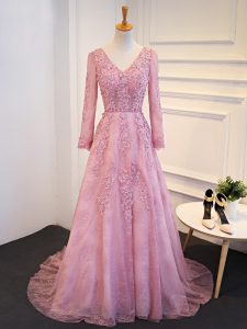 Sexy Pink Empire V-neck Long Sleeves Tulle Brush Train Lace Up Lace and Appliques Mother of Bride Dresses