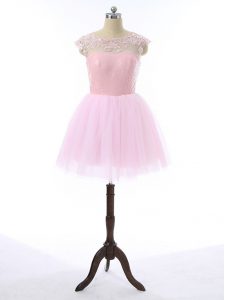 Captivating Baby Pink A-line Tulle Scoop Sleeveless Lace and Appliques Mini Length Zipper Prom Party Dress