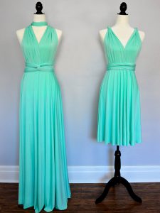 Super Turquoise Empire Chiffon V-neck Sleeveless Ruching Floor Length Lace Up Bridesmaid Dresses