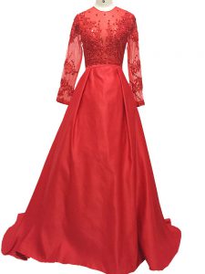 Red A-line Elastic Woven Satin High-neck Long Sleeves Lace and Appliques Zipper Mother of Groom Dress Brush Train