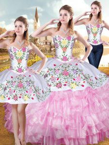 Organza and Taffeta Sleeveless Floor Length Quinceanera Gowns and Embroidery and Ruffled Layers