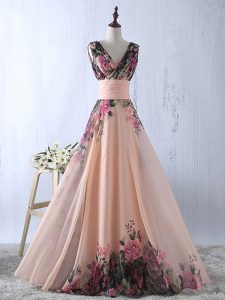 Glittering V-neck Sleeveless Prom Gown Floor Length Ruching Peach Printed