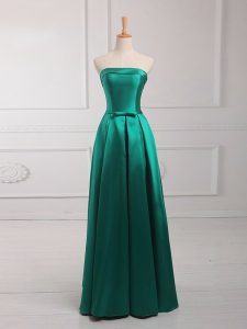 Sleeveless Satin Floor Length Lace Up Dama Dress in Dark Green with Belt