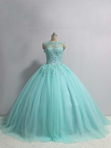 Charming Sleeveless Floor Length Appliques Lace Up Quince Ball Gowns with Aqua Blue