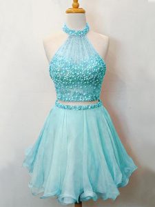 Aqua Blue Organza Lace Up Wedding Party Dress Sleeveless Knee Length Beading