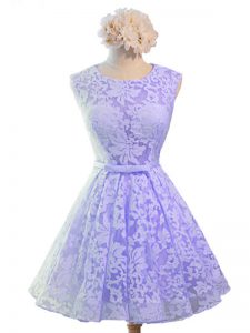 Lavender A-line Belt Dama Dress for Quinceanera Lace Up Lace Sleeveless Knee Length
