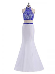 Perfect White Two Pieces Satin Halter Top Sleeveless Beading Floor Length Criss Cross Dress for Prom