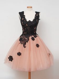 Peach Ball Gowns Tulle Straps Sleeveless Lace Knee Length Zipper Dama Dress